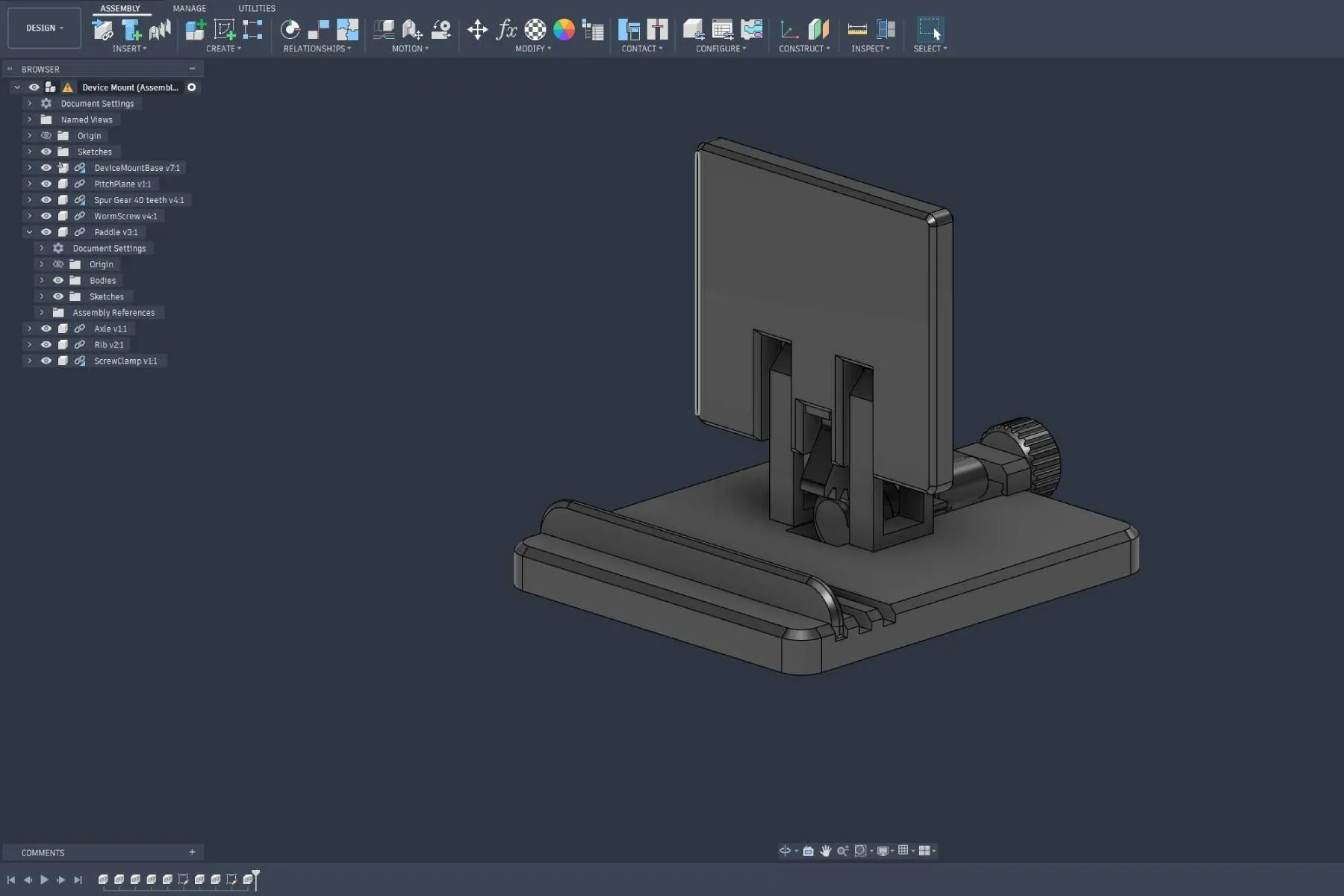 A CAD assembly of a device mount open in Fusion 360.