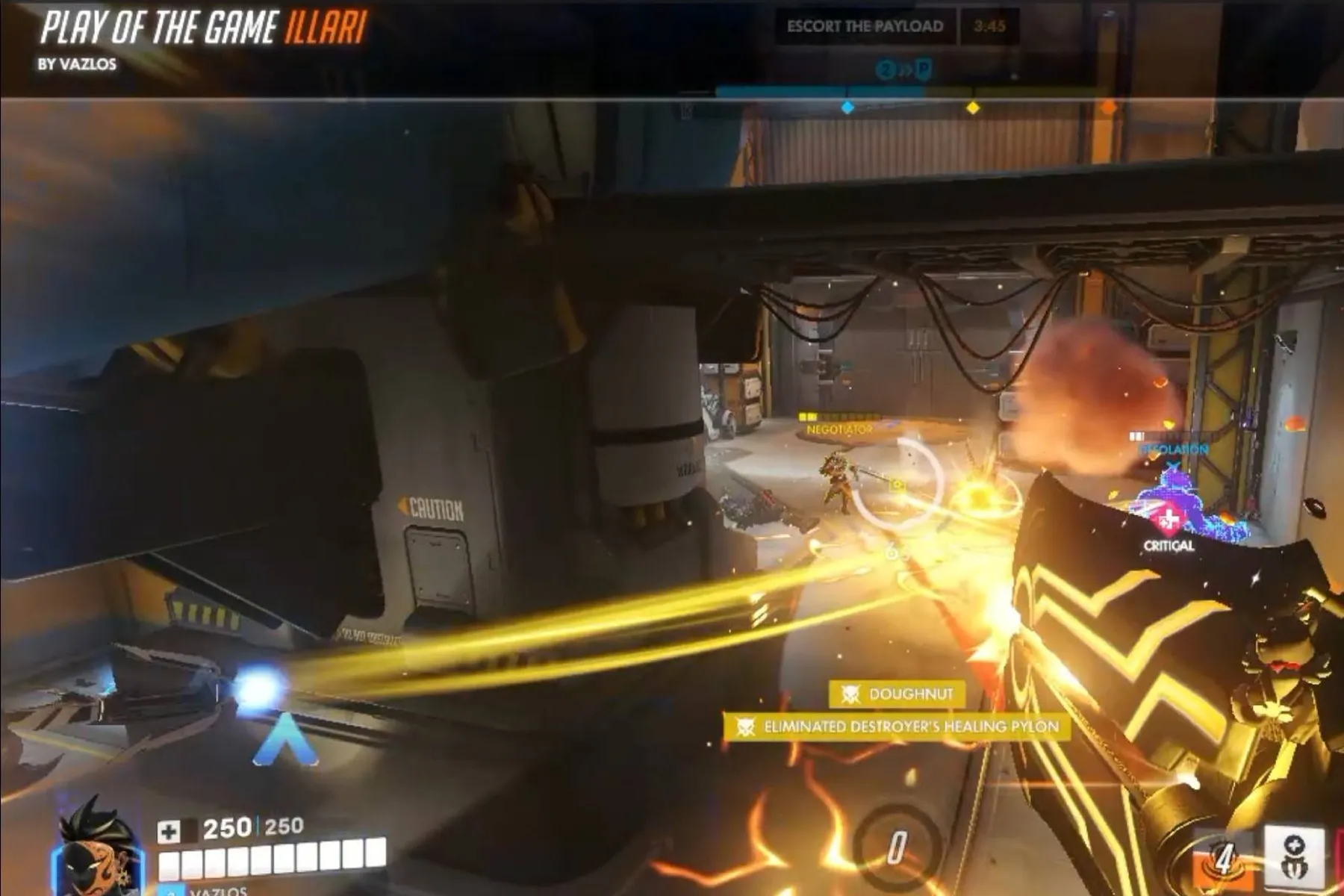 An Overwatch play-of-the-game screenshot, playing the support hero Illari.